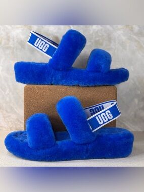 UGG Oh Yeah Cobalt Blue Sheepskin Platform Slingback Slides Size 9